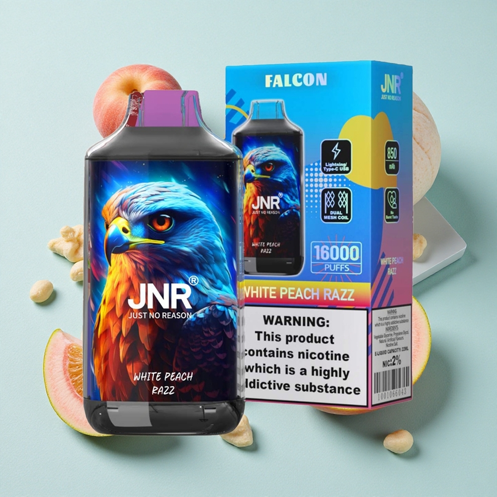 JNR Falcon 16000 Puffs Pêssego Branco Razz Capacidade da Bateria: 850 mAh Tipo de Carregamento: Tipo C & Lightning incluído Brasil vape