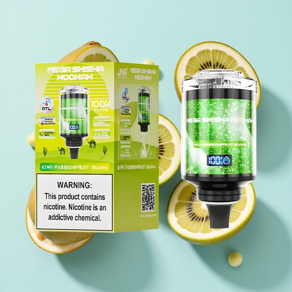 JNR Mega Shisha Hookah 100000 puffs Kiwi Maracujá Goiaba Tela Inteligente Interativa Bateria Recarregável 2200mAh Brasil vape