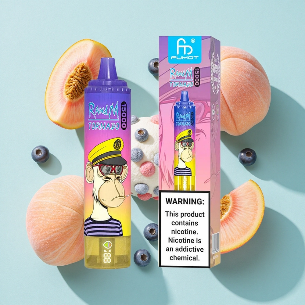 RandM Fumot Tornado 15000 Puffs Pêssego Blueberry Doce 25ml Tela LCD Brasil vape