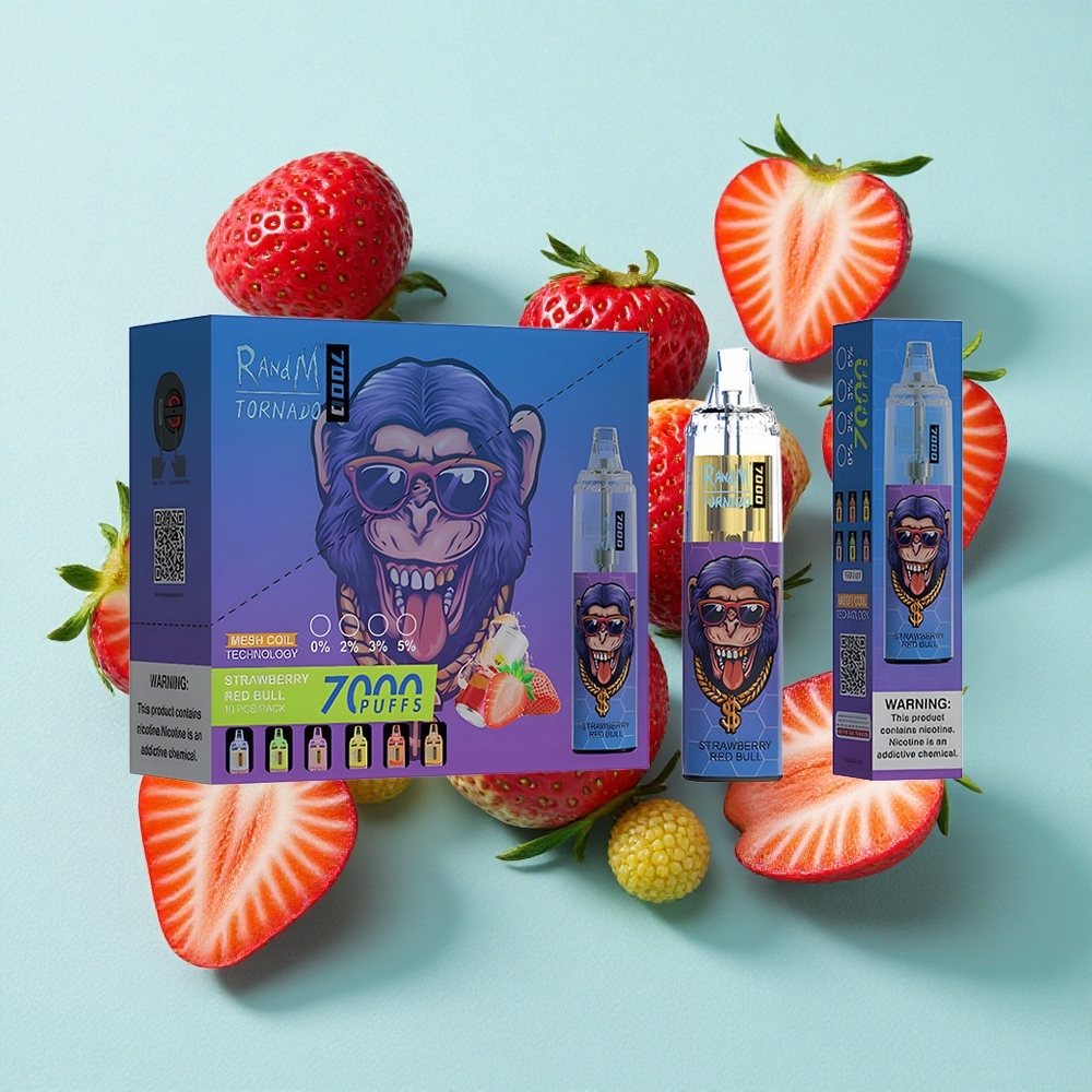 RandM Fumot Tornado 7000 Puffs Morango Red Bull 14 ML E-líquido RGB Light Brasil vape