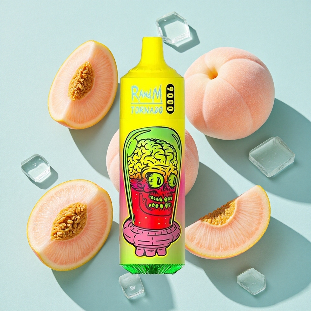 RandM Fumot Tornado 9000 Puffs 18 mL Capacidade de E-líquido Coil Mesh Sabor Pêssego Gelo de Verão Brasil vape