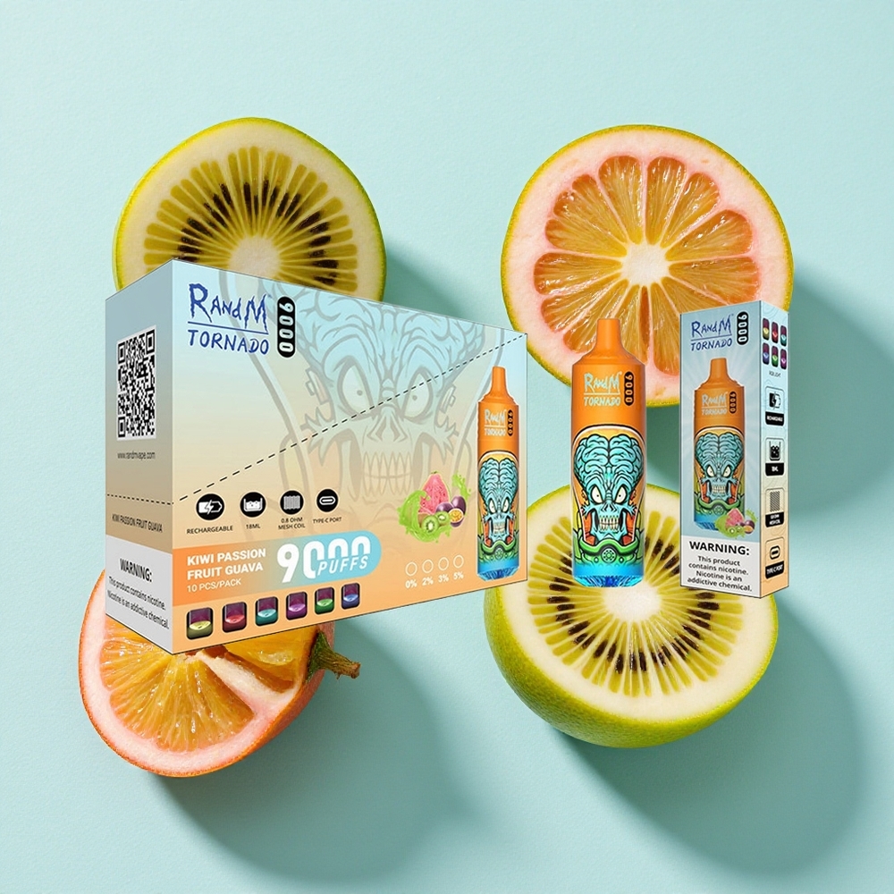 RandM Fumot Tornado 9000 Puffs Capacidade da Bateria: 850 mAh Recarregável E-líquido: 18 mL Kiwi Maracujá Goiaba Brasil vape