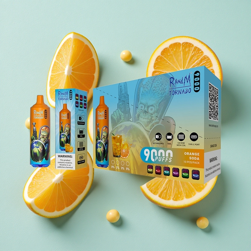 RandM Fumot Tornado 9000 Puffs Laranja Refrigerante Capacidade da Bateria: 850 mAh Recarregável Sabores: 54 Variedades Brasil vape