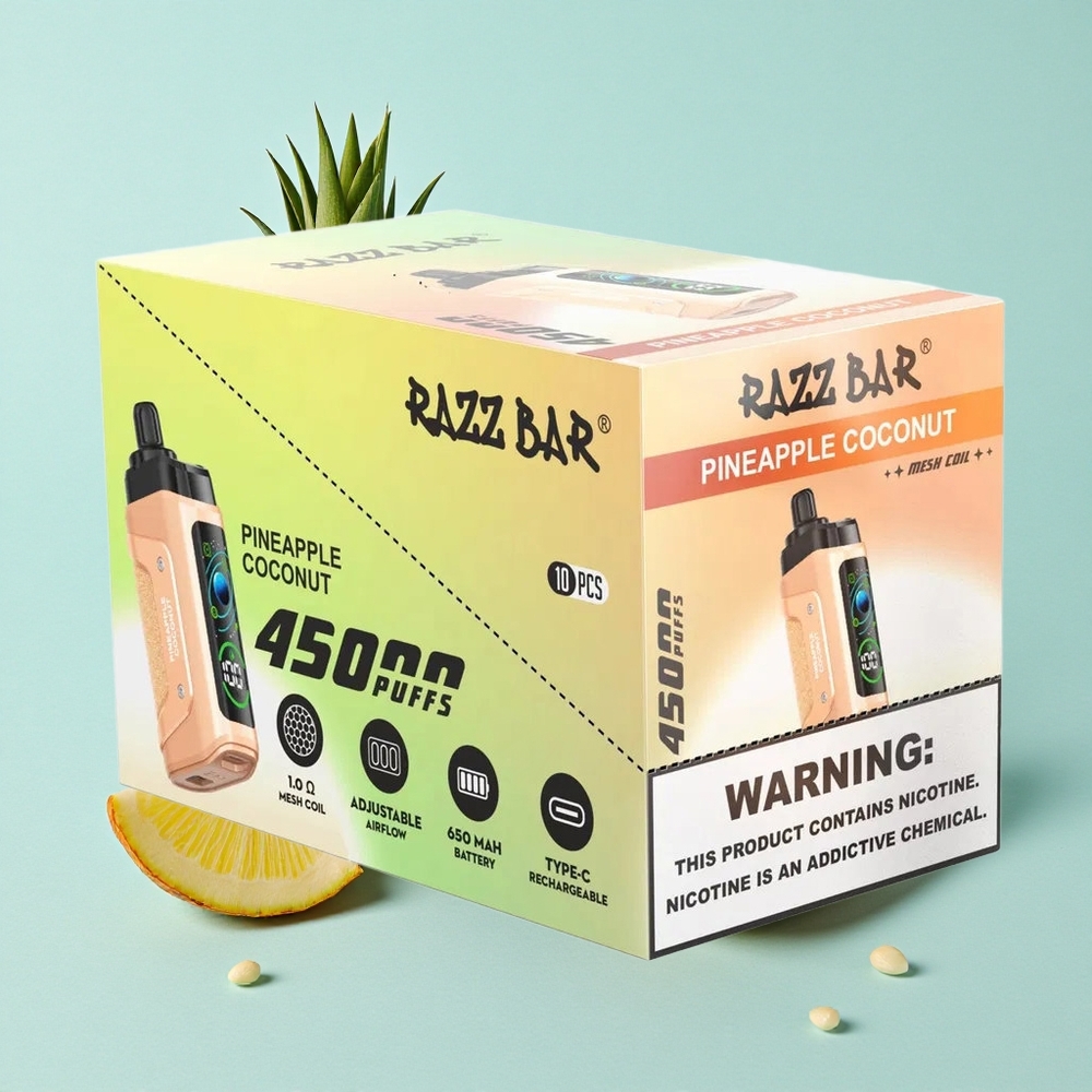 Razz Bar 45000 Puffs Abacaxi Coco Resistência de Malha 1.0 Ohm Bateria 650 Mah Brasil vape