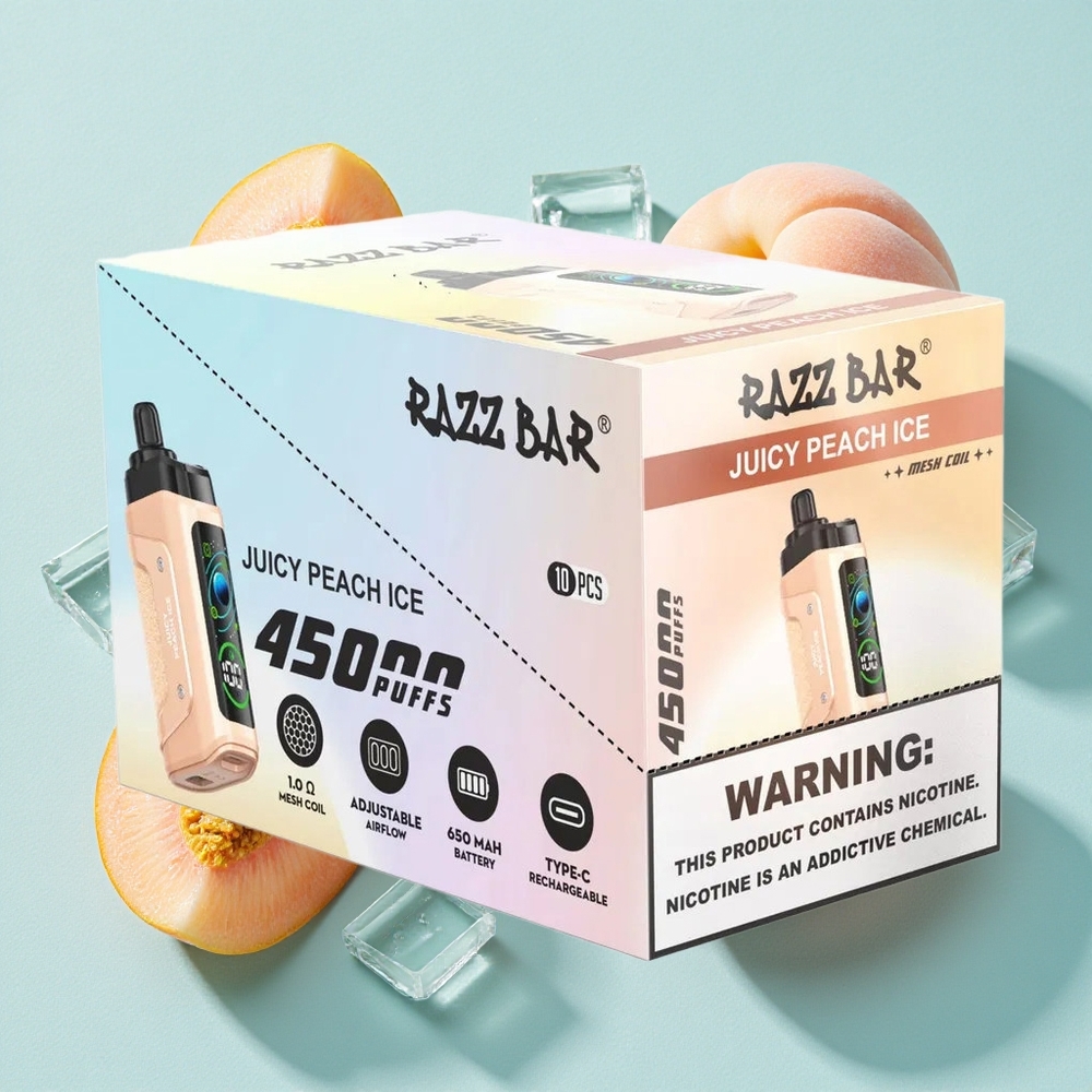 Razz Bar 45000 Puffs Juicy Peach Ice 1.0 Ohm Bobina em Malha e 20 mg/ml Força de Nicotina Brasil vape