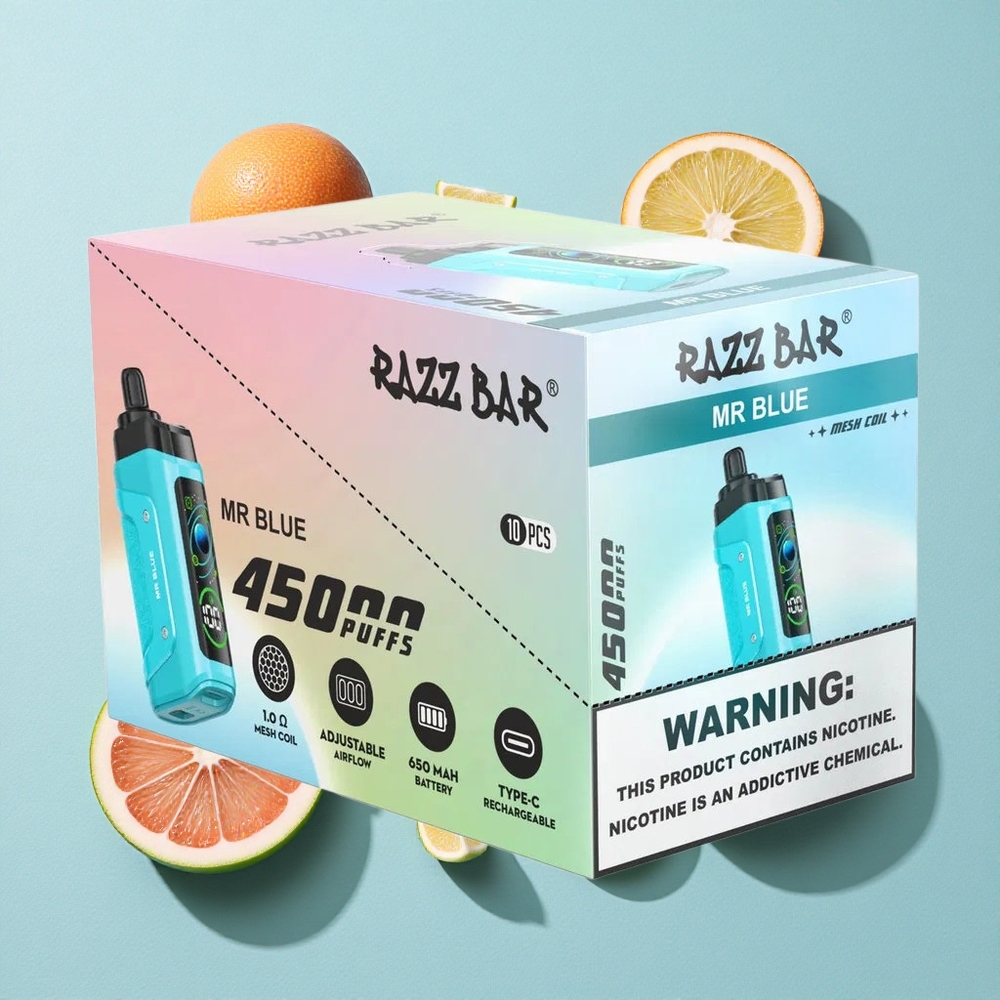 Razz Bar 45000 Puffs Mr Azul Coil 1.0 Ohm Tipo-C Recarregável Brasil vape