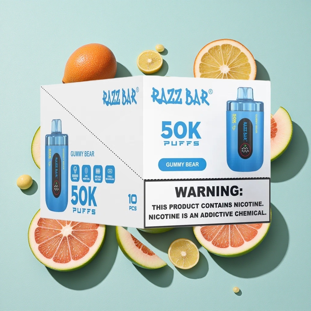 Razz Bar 50K Puffs Gummy Bear (Urso de Goma) 1.0 Ohm Bobina em Malha Recarregável Tipo-C Brasil vape